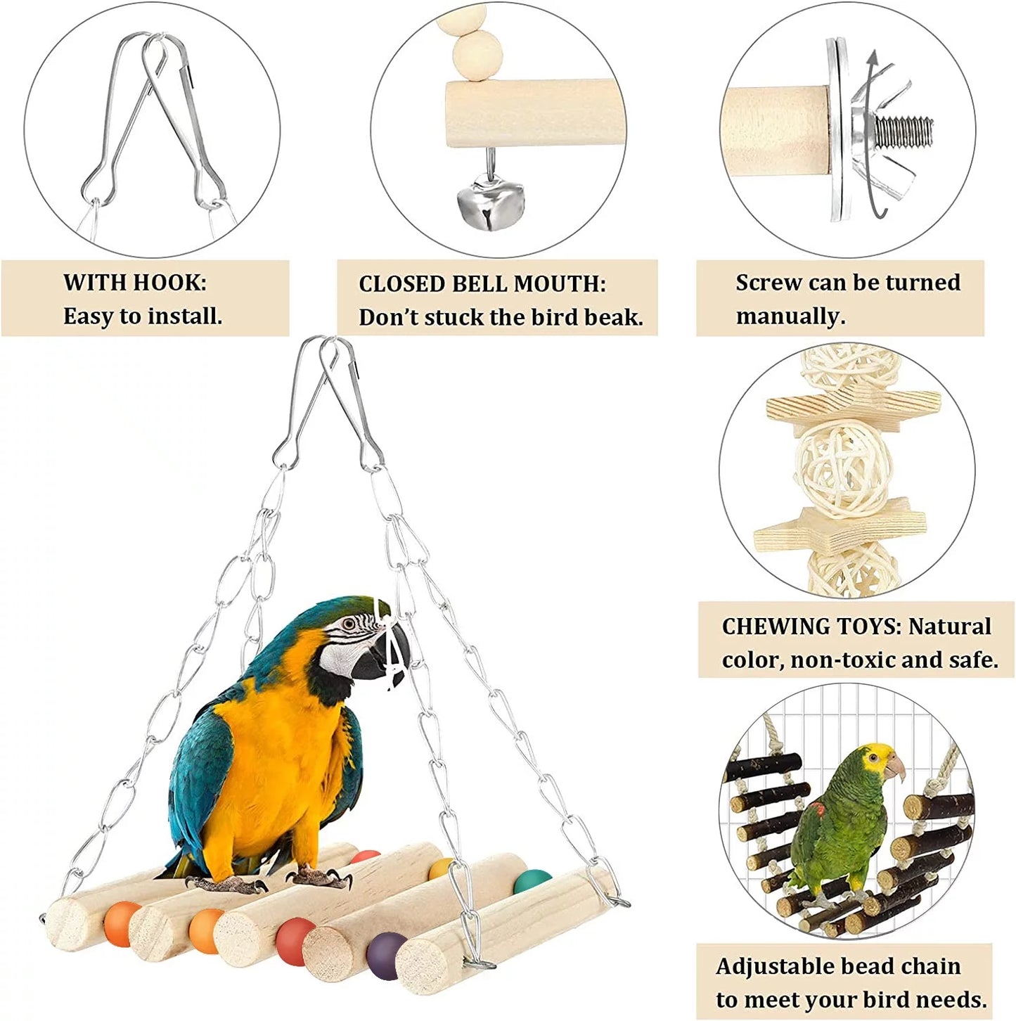 8 Pack Extra Large Bird Toys for Parakeet Toys for Bird Cage Accessories Parakeets Swing Chewing Toys,  Wooden Bird Toys for Cage Parrots Toys, Bird Training Toys, Parrot Hanging Swing